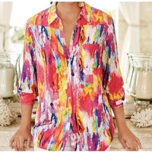 Soft Surroundings Women’s XS Festiva Embellished Neon Button Blouse